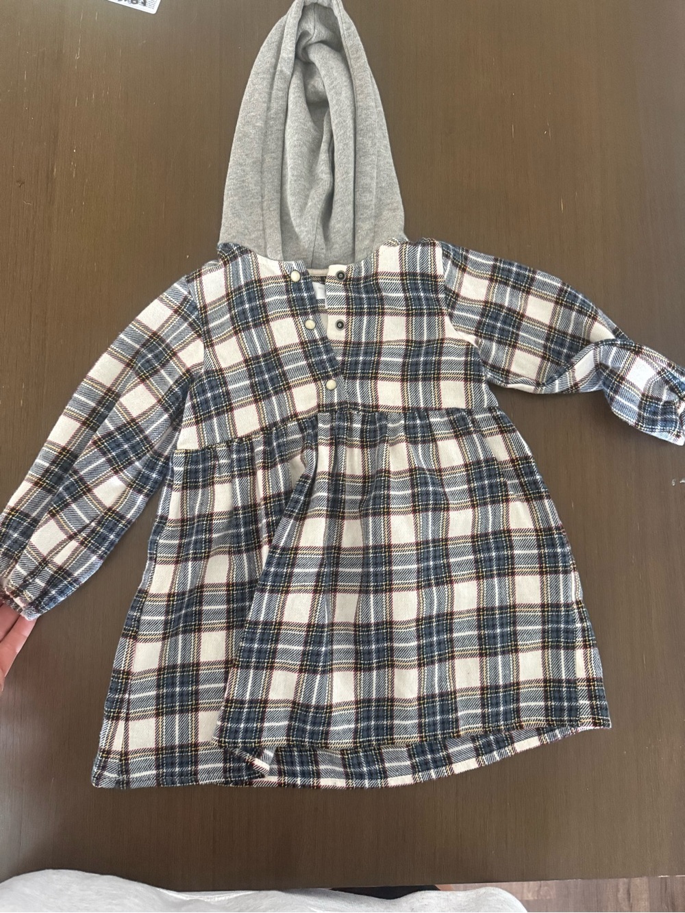 Zara HSA HTF Plaid Hooded Dress in White, Navy & Gray with Brown Accents